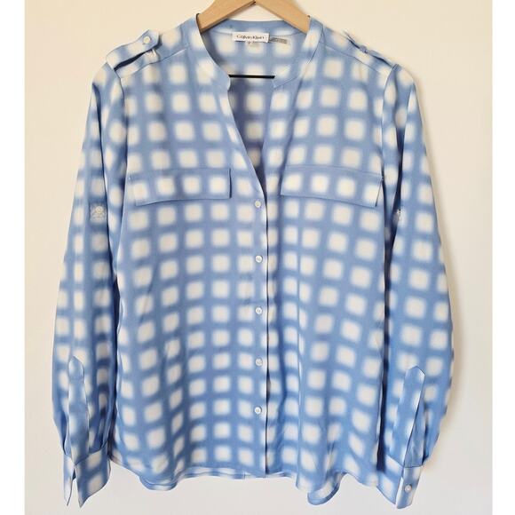 NWT Calvin Klein Blue White Gingham Split Neck Button Blouse Sz S Workwear Chic - Picture 2 of 4